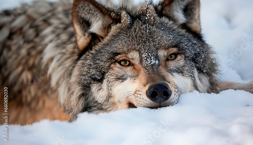 Lobo gris americano descansando sobre la nieve