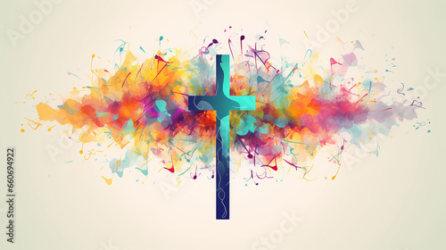 Cruz cristã vibrante colorida com pauta de notas musicais isolada. Ilustração vetorial