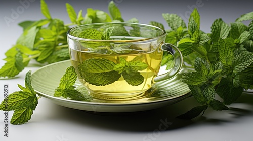 Herbal tea with fresh leaves, view from above, on white background