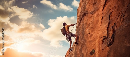Young man with a rope engaged in the sports of rock climbing on the rock.