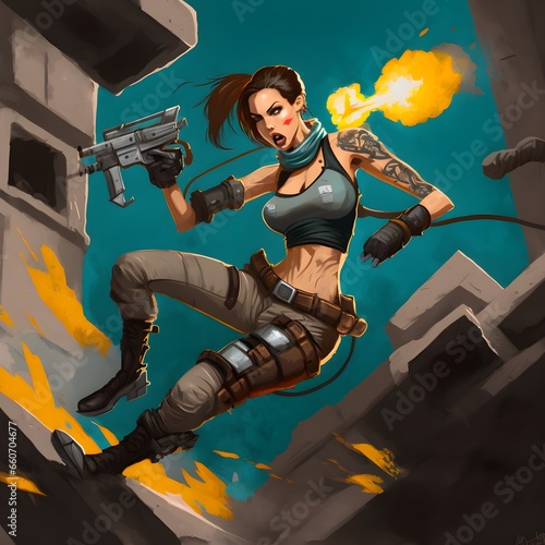 character concept lara croft femme fatale cybernetic implants taking on the world epic comic book art action scene depiction dynamic coloring 2d model drawing very high quality cinematic quality 