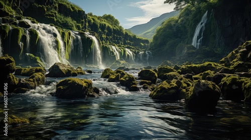 Majestic waterfall in iceland national park forest