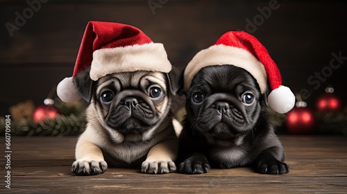 Cute Christmas card two baby pugs with Santa hats on. 