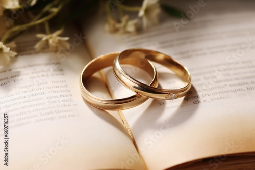 A touching image of two wedding rings gently p on the pages of an open Bible, reminding us that a marriage rooted in faith can weather any storm and withstand the test of time.
