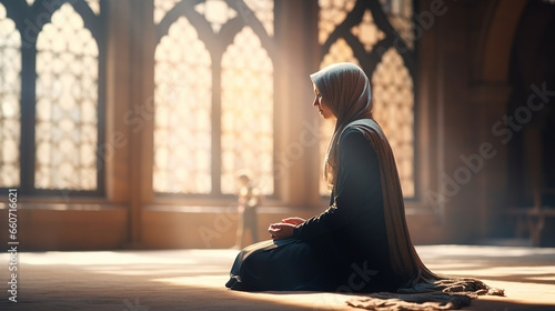 Linda mulher muçulmana com vestido hijab sentada na mesquita e rezando