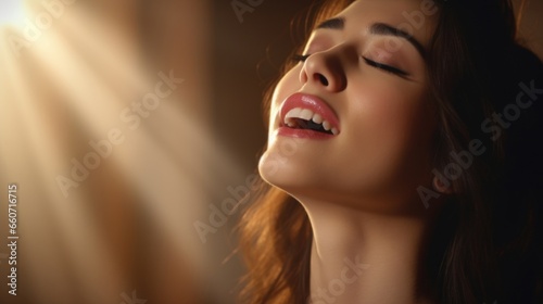 Closeup of a soprano singer hitting a high note with perfect pitch, her eyes closed in pure bliss.