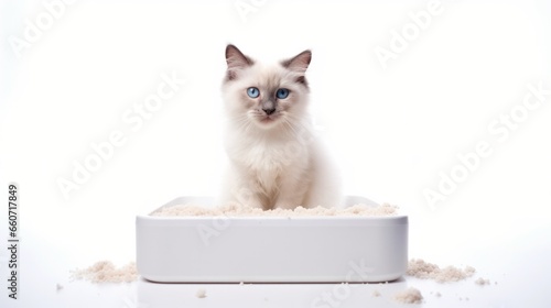 Cute cat in plastic litter box isolated on white background.