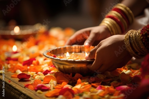 Closeup of a Hindu priest performing a puja religious offering as part of a traditional wedding ceremony, the intricately designed rituals symbolizing the union of two souls.