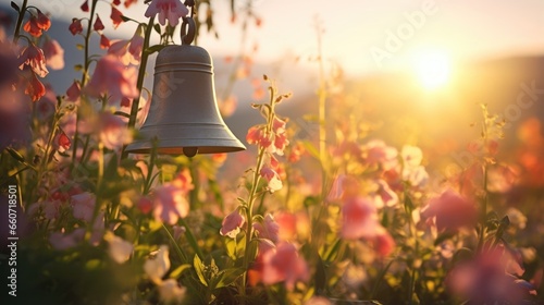 A dreamy shot of church bells ringing in a field of wildflowers, harmonizing with the beauty of nature and embracing all who hear it in a spiritual embrace.