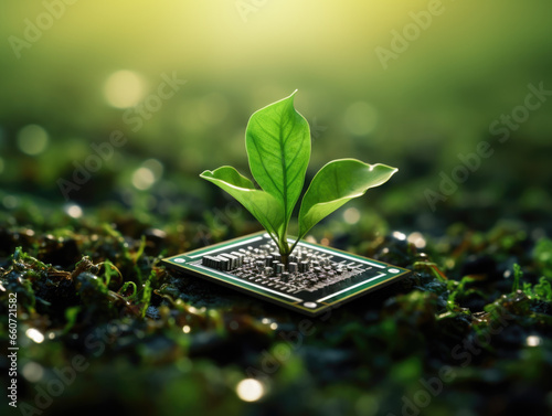 Tree growing on a computer circuit board. Green computing, Green technology, Green IT, CSR, and IT ethics. Concept of green technology. Environment green technology