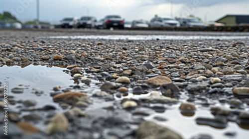 Texture of a gravel parking lot in the rain, with puddles forming in the crevices and reflecting the cloudy sky above.