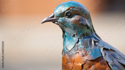 Closeup of a pigeon statue made of aged copper, its onceshiny surface now a mix of orange, brown, and turquoise patina.