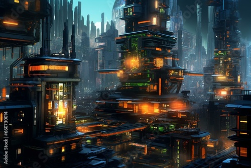 Night scene of advanced superstructures in a futuristic cityscape, illuminated by orange and green neon lights. Generative AI