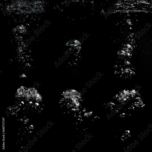 Collage with air bubbles in water on black background