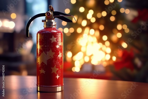 Security concept: Fire extinguisher on table with Christmas tree in background. Generative AI