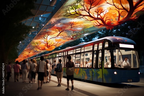 Arrêt de metro et de bus dans une ville futuriste de nuit avec des affichages urbain pour mockup, grande ville avec building