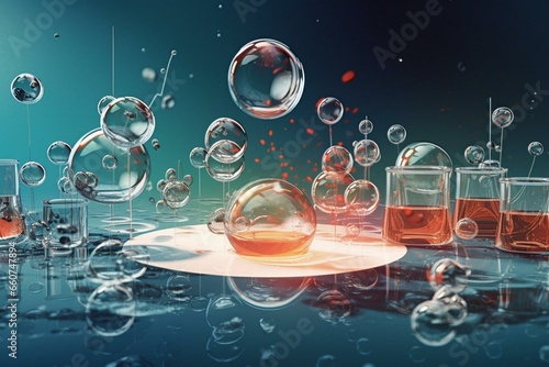 A banner showcasing laboratory glassware and petri dishes floating on water. Generative AI