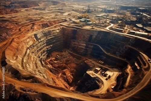 Aerial view of the largest open-pit mine in the world. Drone captures the canyon copper mine and diamond mining in a quarry. Generative AI