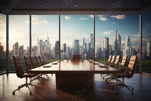 Large wooden meeting table with office chairs in conference room with city skyline view. 3D rendering. Generative AI