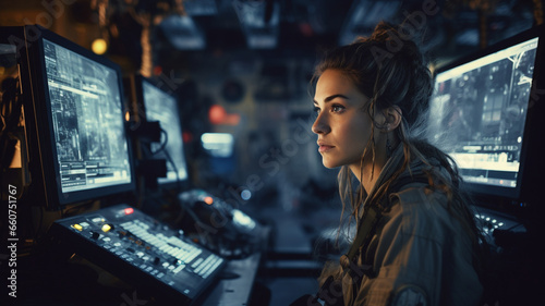 Female Officer with uniform is operating at control panel in monitoring war room on war base, AI Generative