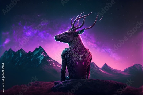 huge deer with glowing horns on top of moutain moutains starry night background green purple background super realistic hyper detailed dramatic lighting 8k 