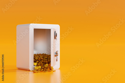 Opening steel safe box with gold coin falling out, security bank safe, 3D rendering.