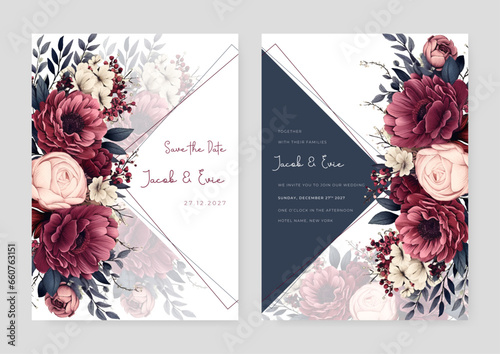 Red and pink peony luxury wedding invitation with golden line art flower and botanical leaves, shapes, watercolor
