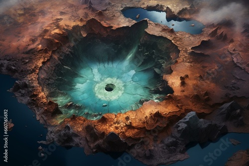 Bird's eye view of crater with a sulfurous lake inside. Generative AI