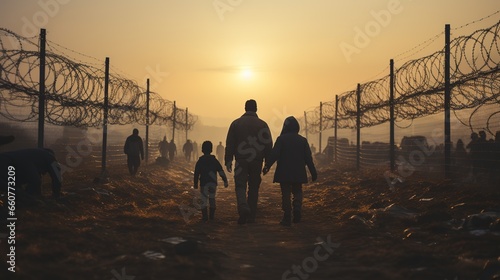 Migrants father and child walk holding hands along a fence with barbed wire barrier