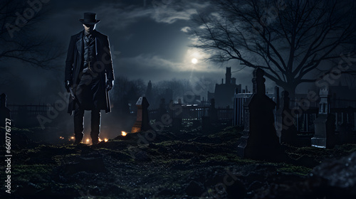 Mysterious man in hat and cloak standing in cemetery at night