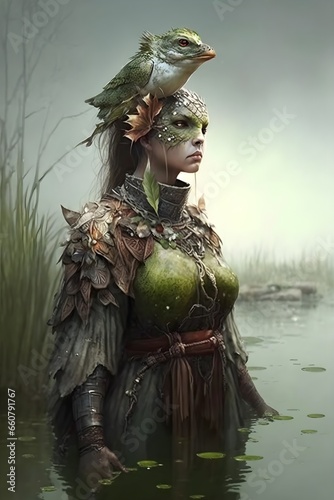 Female druid abandoned to the swamp long ago has begun to take on qualities and morph into a beautiful creature of her surroundings 