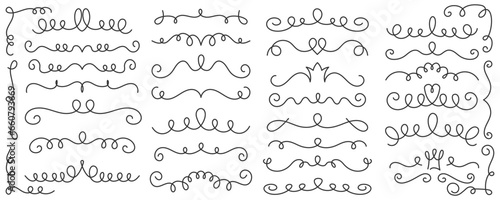 Underlines set with swishes swooshes and curly strokes. Swash hand drawn dividers. Squiggle calligraphy elements. Vector swirl doodle with hearts and crowns.