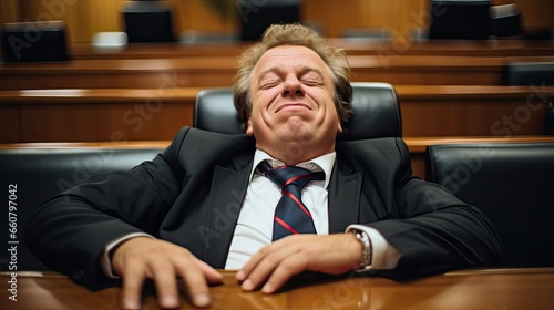 A lazy politician sitting sleepy in the armchair.