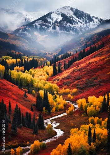 view mountain river running red trees utah vertical yellow valley meadows explosive color spectral leaves eerie