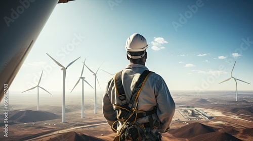Professional ecological engineer holds futuristic device monitoring wind turbine performance data on background