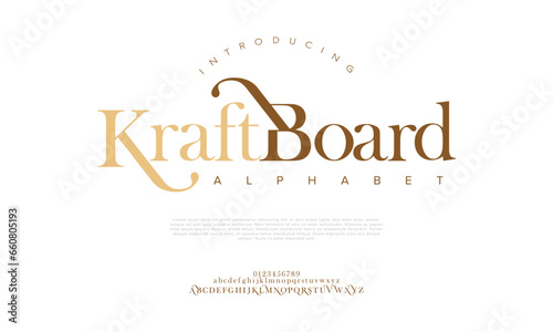 Kraftboard premium luxury elegant alphabet letters and numbers. Elegant wedding typography classic serif font decorative vintage retro. Creative vector illustration