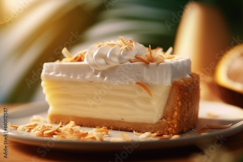 Coconut cream tart or coconut cream pie for selling premium dessert food on colour elegant coconut leaf blurred background. Generative Ai