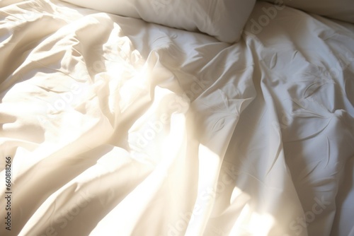 sunlight casting soft shadows on a pure white bedspread