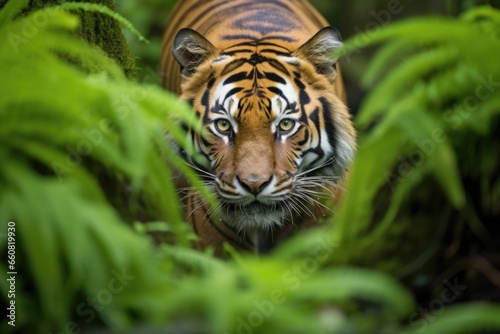 a tiger prowling through a jungle