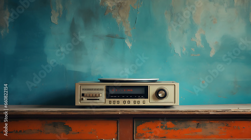 an old CD player on a wooden Table, in a old empty room, sky color painted wall background