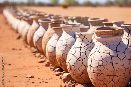 cracked clay pot in a lineup of intact pots