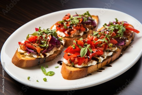 trio of bruschettas topped with goat cheese and roasted red peppers