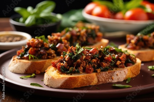 side view of bruschetta with sun-dried tomato tapenade on a ceramic plate