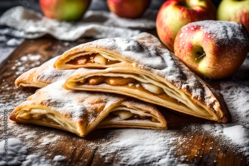 A close-up of a flaky and golden-brown apple turnover dusted with powdered sugar