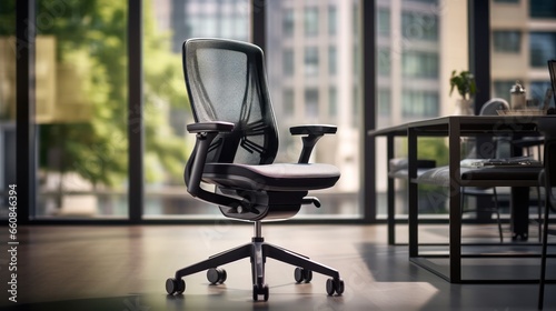 An ergonomic home office chair complements the adjustable standing desk setup.