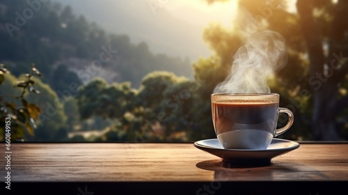 Cup of coffee on table with nature in background, AI-generative