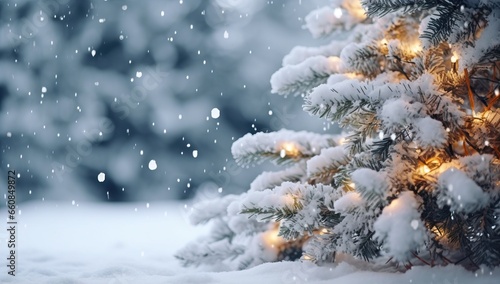 Christmas and New Year background. Christmas tree in the snow. Snowfall