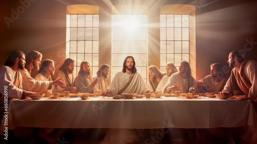 digital painting image of the representation of the last supper of Jesus Christ with his apostles