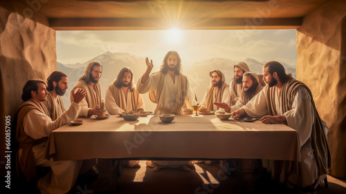 digital painting image of the representation of the last supper of Jesus Christ with his apostles