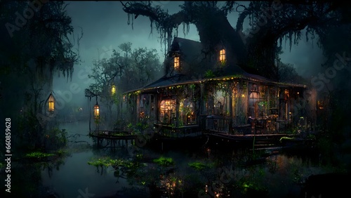 New Orleans fantasy swamp shack on the bayou gas lamps moss trees alligators in water voodoo atmosphere magic cinematic raytracing 